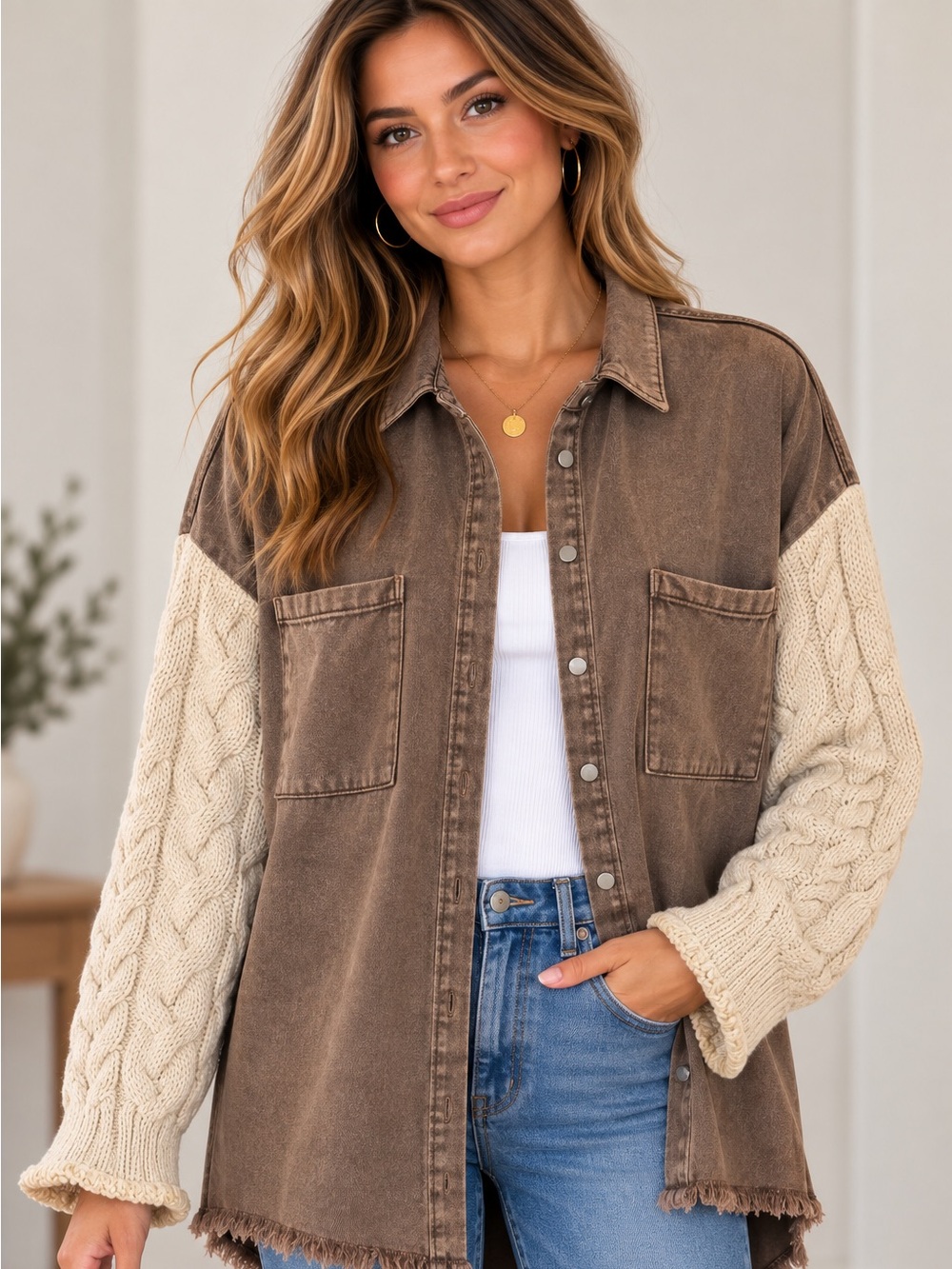 POL Brown Denim Shacket Jacket Cream Cable Knit Sweater Sleeves Raw Hem Boho L